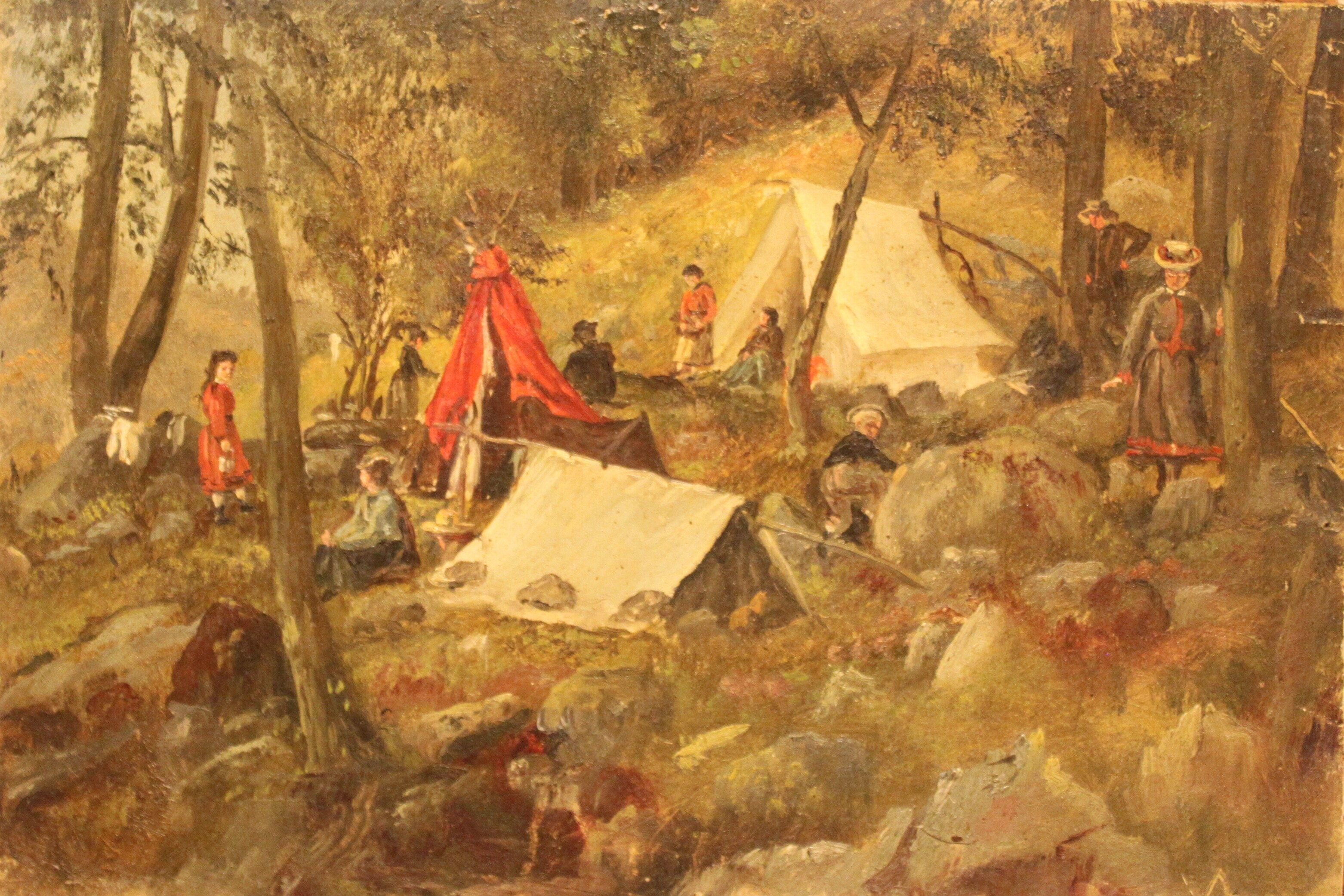 Painting by Mary Wood of a group of people with tents in the woods