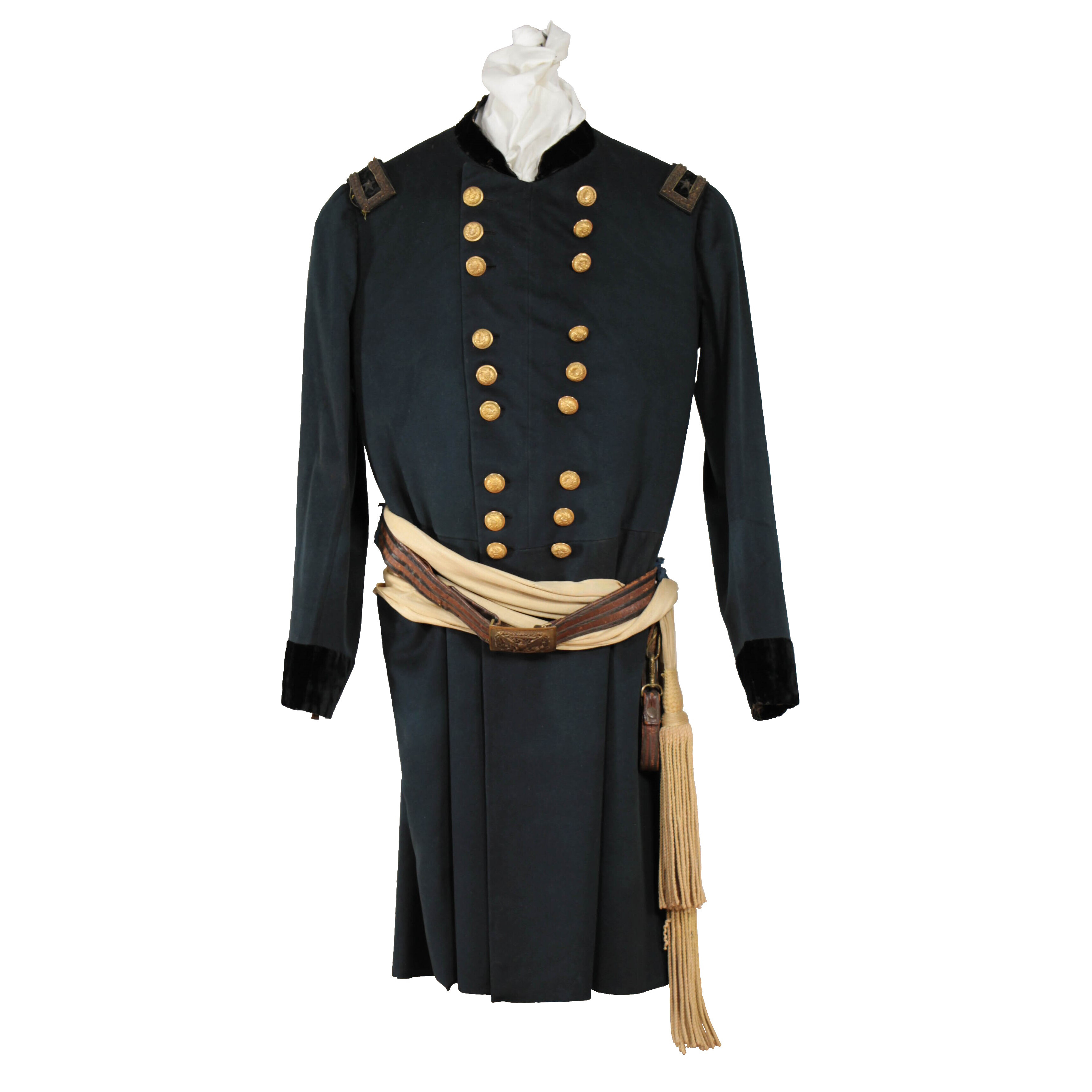 navy blue soldier's uniform coat with sash