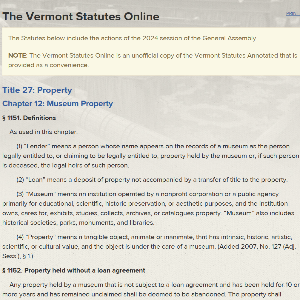 Vermont Museum Property Laws