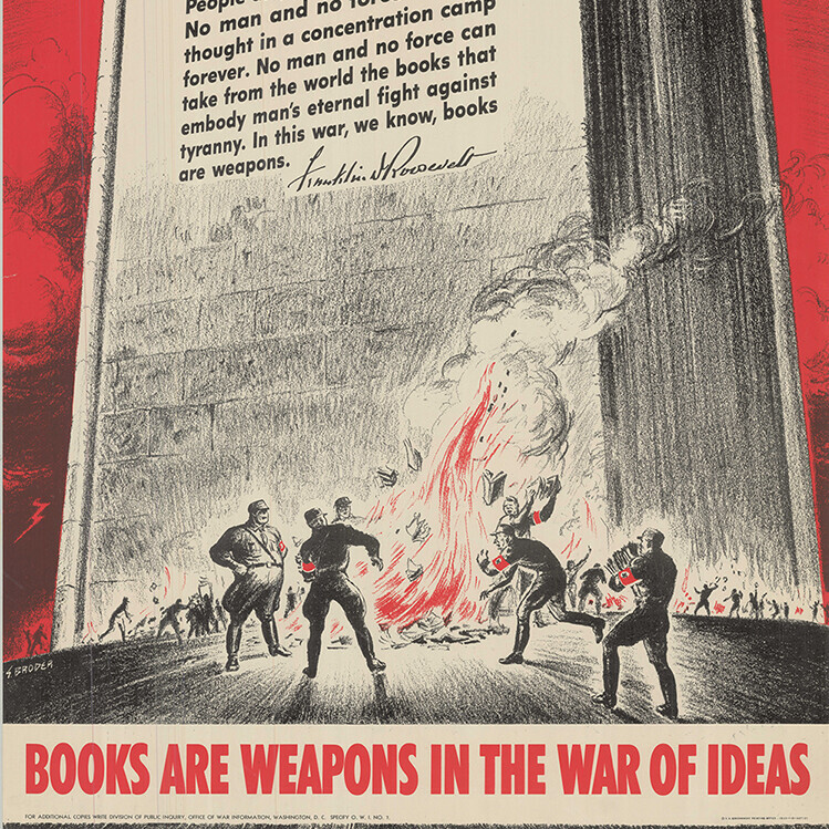 poster showing book burning and tagline 